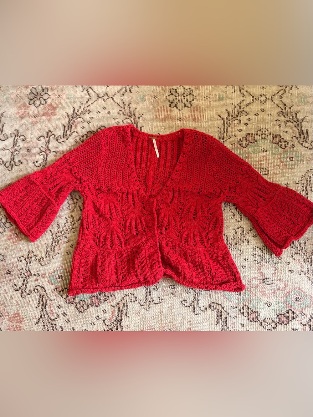 Crochet Knit Red V-Neck Bell Short Sleeve Cardigan